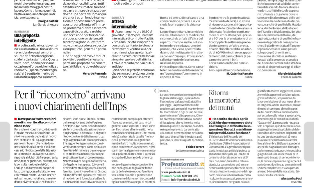 Ritorna la sanatoria dei mutui: Messaggero Veneto 12 maggio 2015